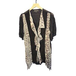 Pretty‎ Angel Womens XL Black & Animal Print Sheer Ruffle Tunic Blouse